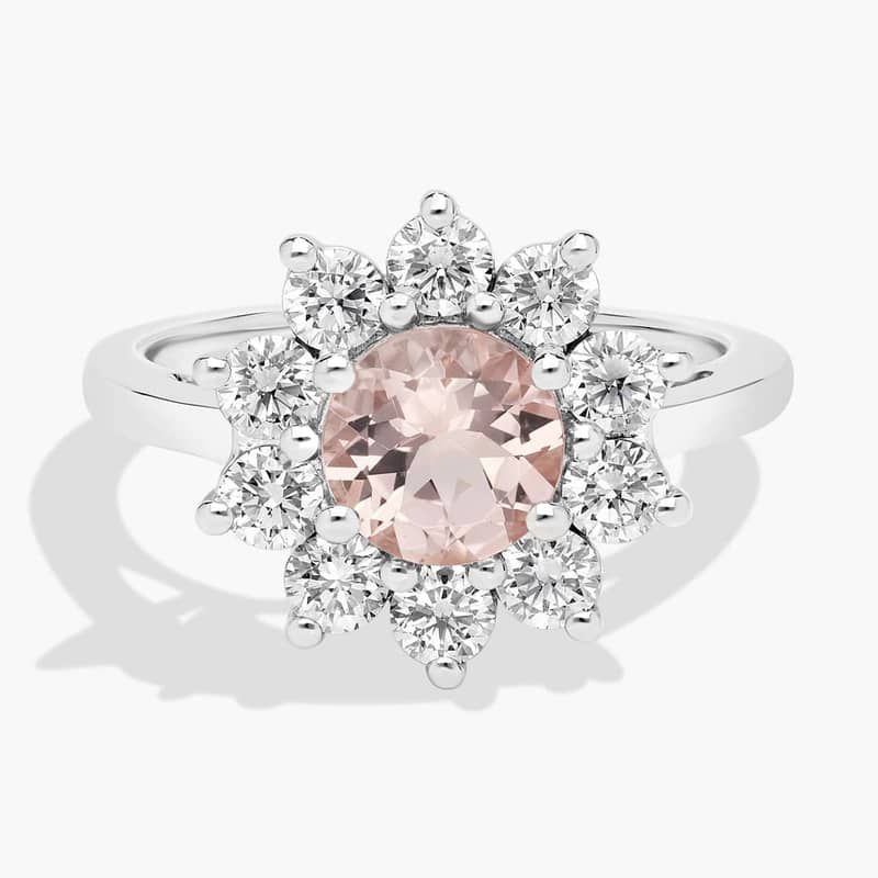 Round Morganite and Diamond Halo Ring in 14k White Gold