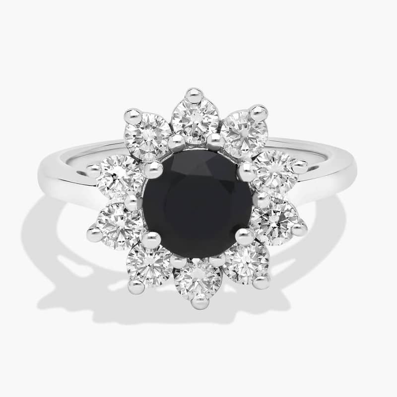 Round Black Onyx and Diamond Halo Ring in 14k White Gold