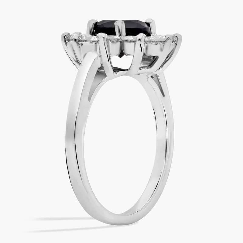 Round Black Onyx and Diamond Halo Ring in 14k White Gold