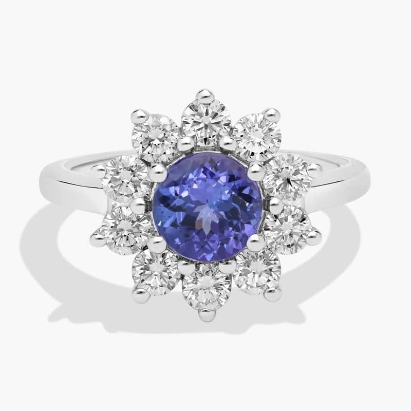 Round Tanzanite and Diamond Halo Ring in 14k White Gold