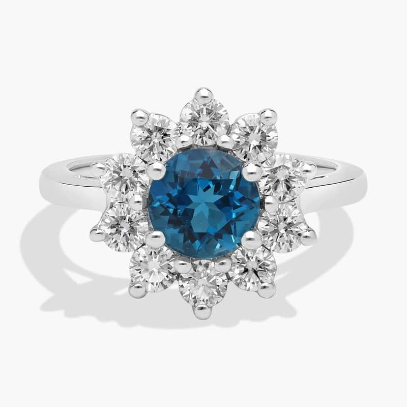 Round London Blue Topaz and Diamond Halo Ring in 14k White Gold