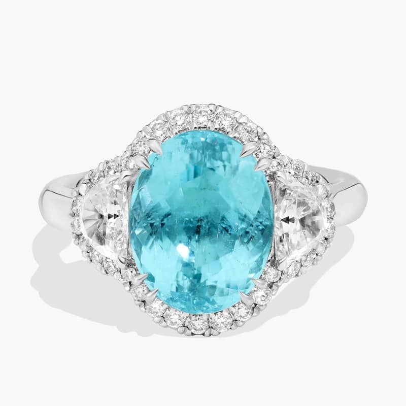 Extraordinary Collection: Oval Cut Paraiba Tourmaline and Half Moon Diamond Side Stone Cocktail Ring in Platinum