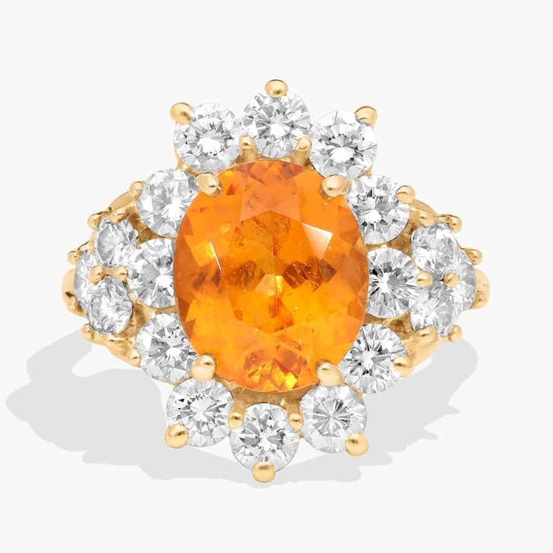 Extraordinary Collection: Oval Cut Orange Garnet And Diamond Cluster Cocktail Ring in 18k Yellow Gold