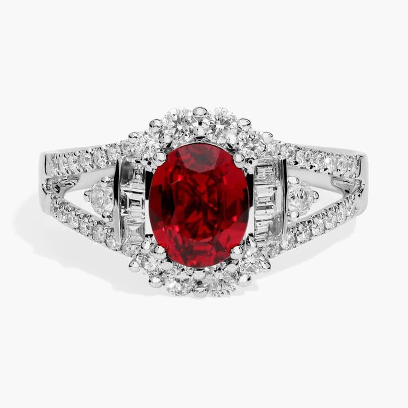 Extraordinary Collection: Oval Cut Red Sapphire and Diamond Halo Cocktail Ring in 14k White Gold