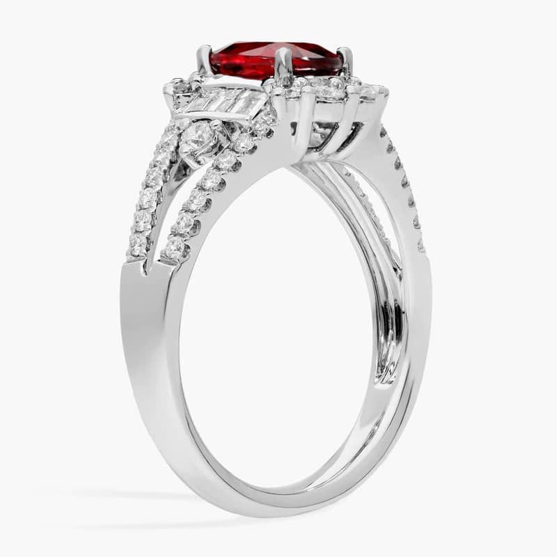 Extraordinary Collection: Oval Cut Red Sapphire and Diamond Halo Cocktail Ring in 14k White Gold