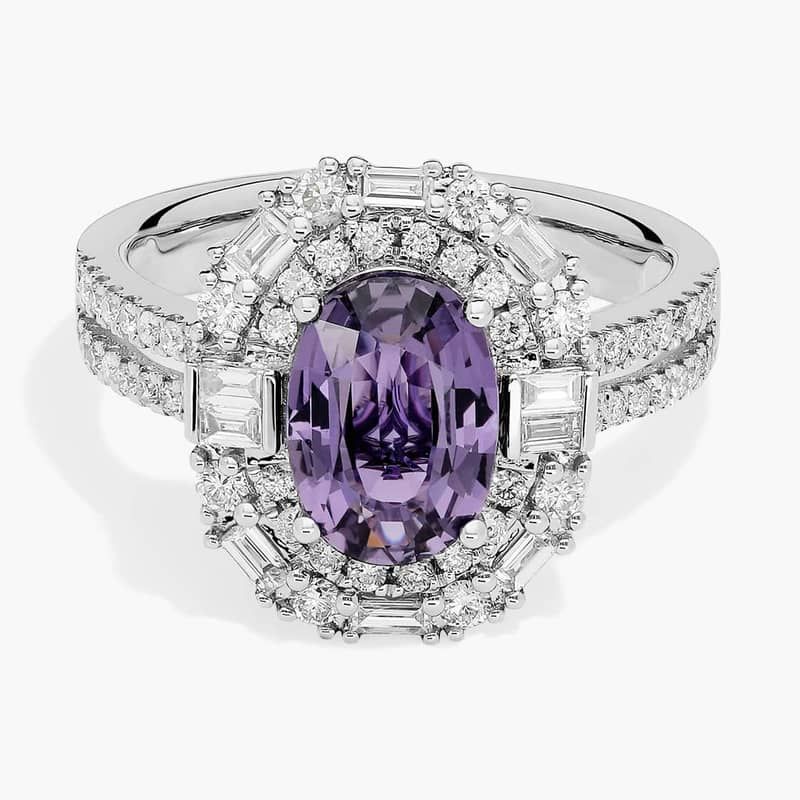 Extraordinary Collection: Oval Cut Purple Sapphire and Diamond Halo Cocktail Ring in 14k White Gold