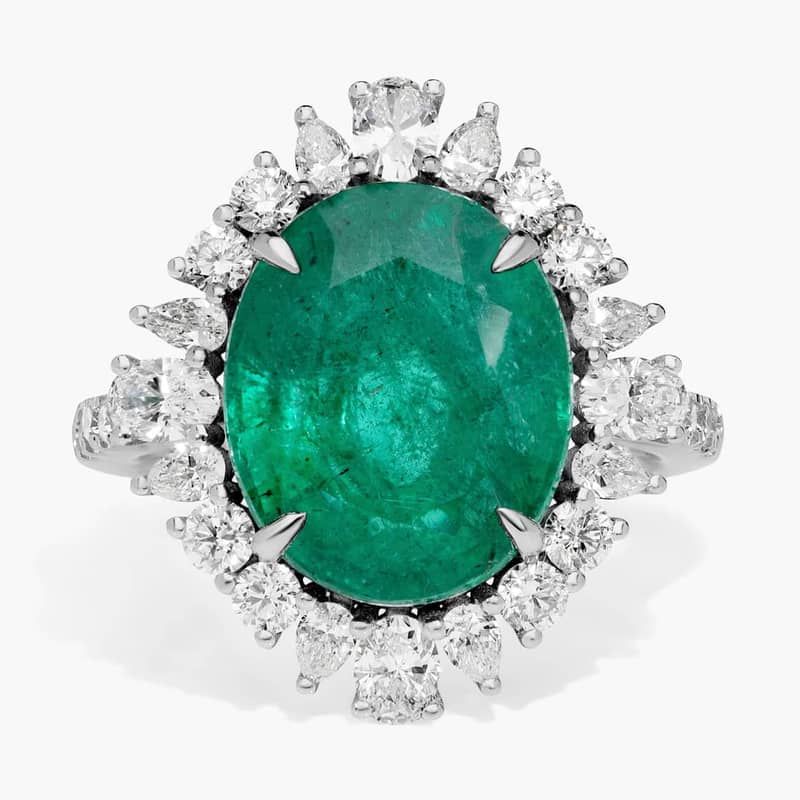 Extraordinary Collection: Oval Cut Emerald and Diamond Halo Cocktail Ring in 18k White Gold (13x11mm)