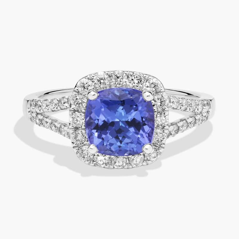 Cushion Cut Tanzanite Diamond Halo Ring in 14k White Gold (7mm)