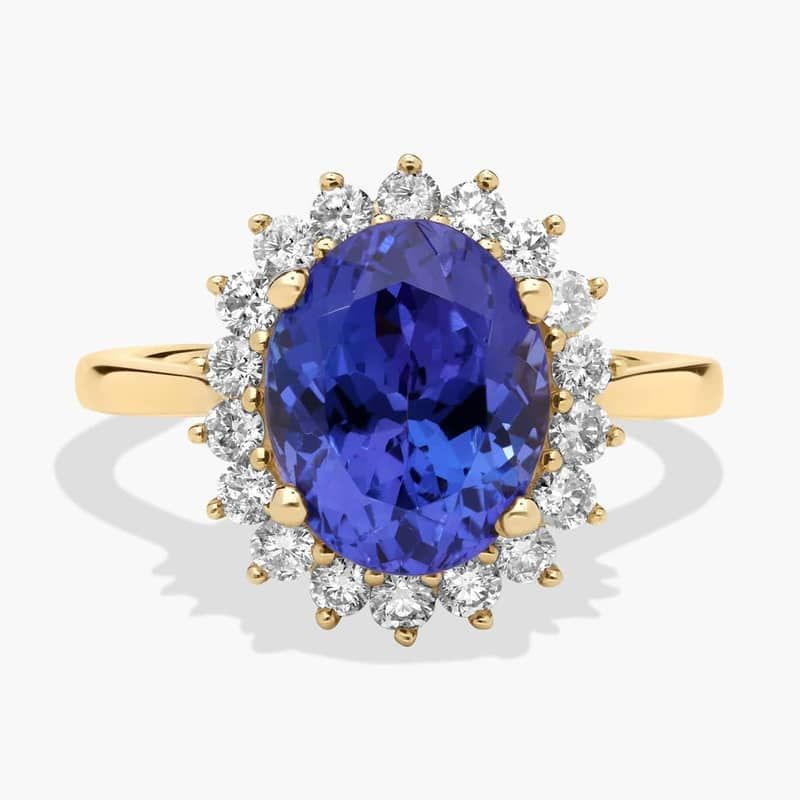 Oval Cut Tanzanite Vintage Diamond Halo Ring in 14k Yellow Gold (11x9mm)