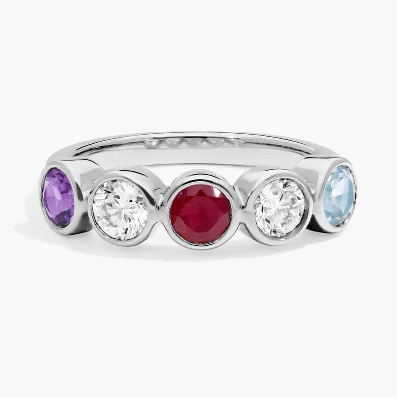 Personalized Round Cut Three Birthstone Ring With Lab-Grown Diamonds In 14K White Gold