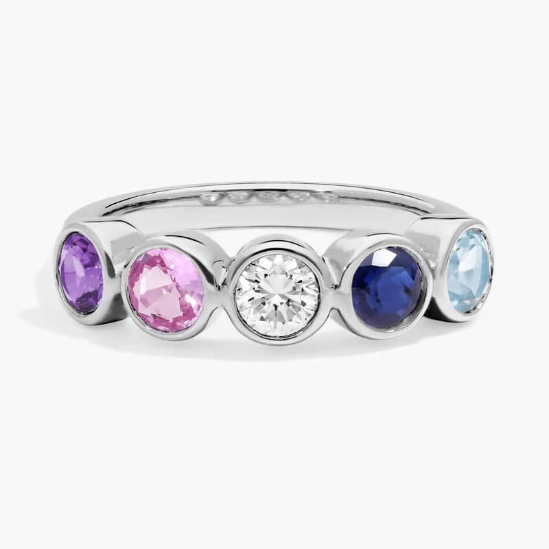 Personalized Round Cut Four Birthstone Ring With Lab-Grown Diamonds In 14K White Gold