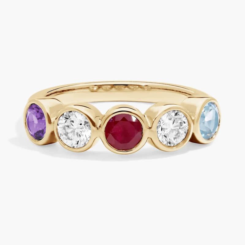 Personalized Round Cut Three Birthstone Ring With Lab-Grown Diamonds In 14K Yellow Gold