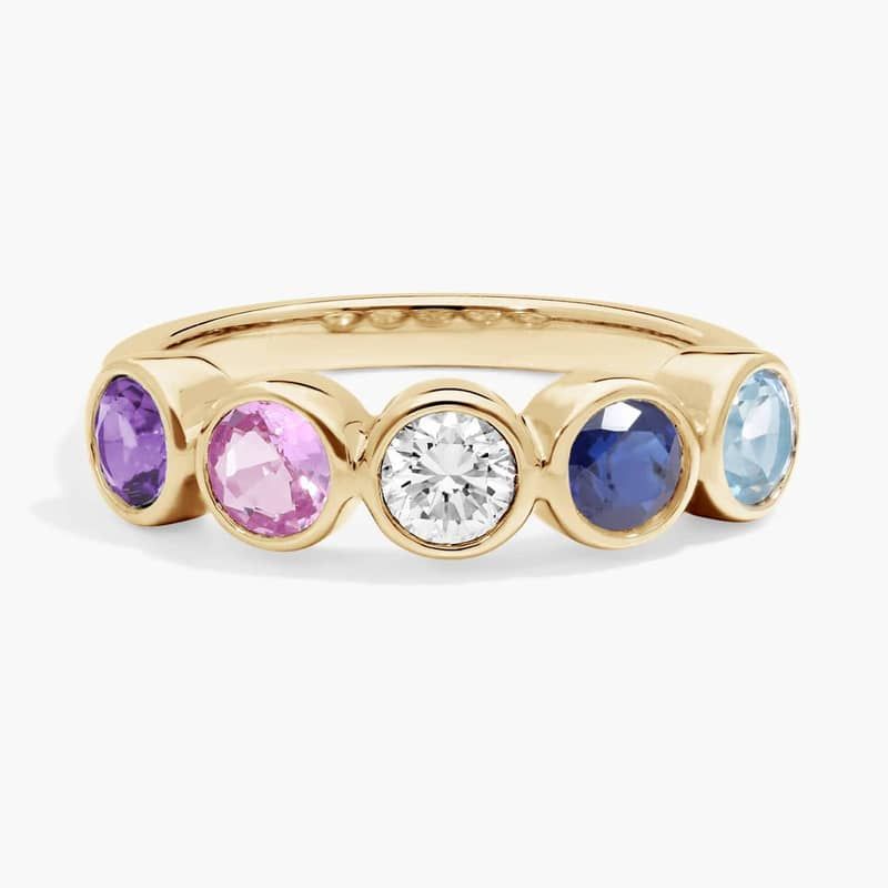 Personalized Round Cut Four Birthstone Ring With Lab-Grown Diamonds In 14K Yellow Gold