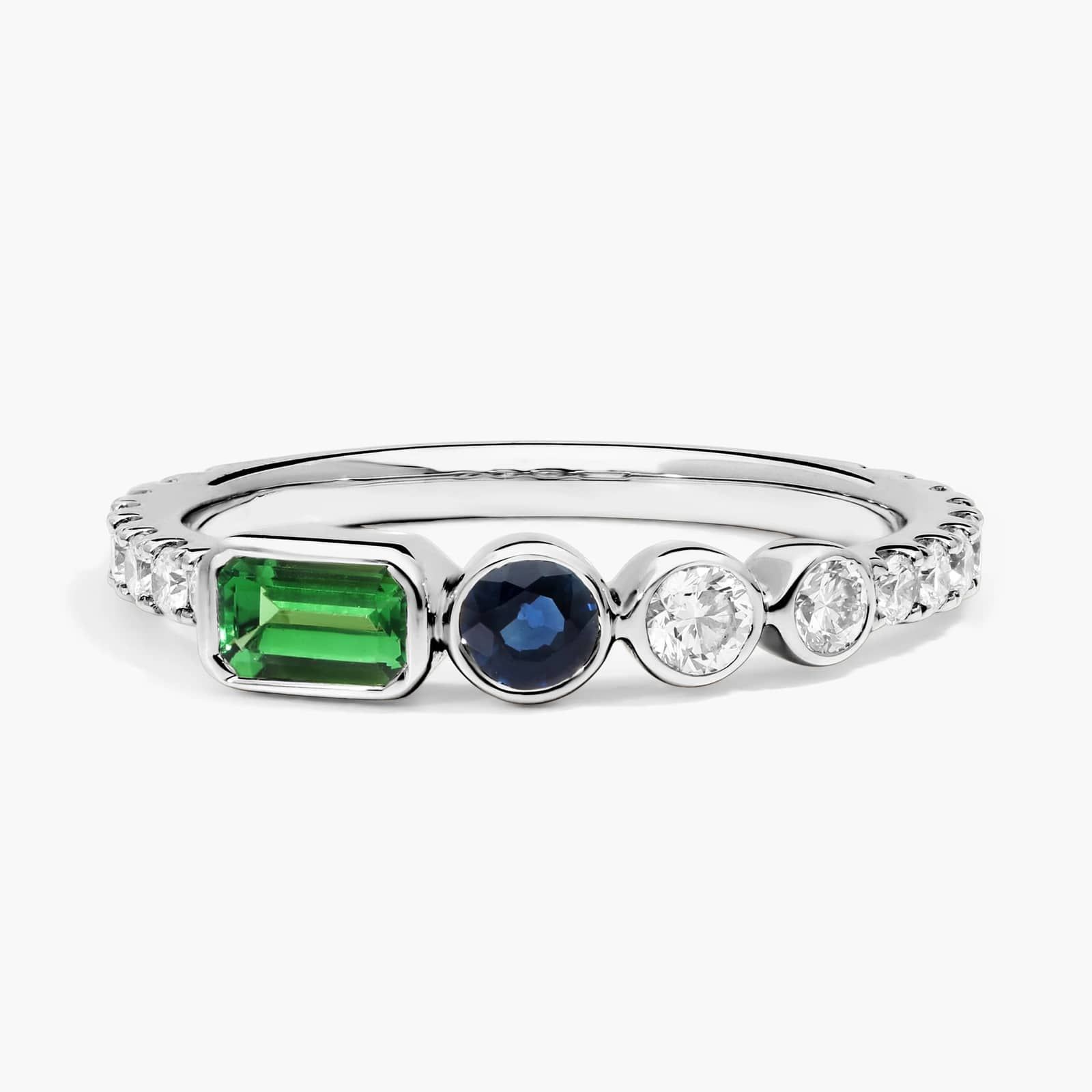 Personalized Emerald And Round Cut Two Birthstone Ring With Lab-Grown Diamonds In 14K White Gold