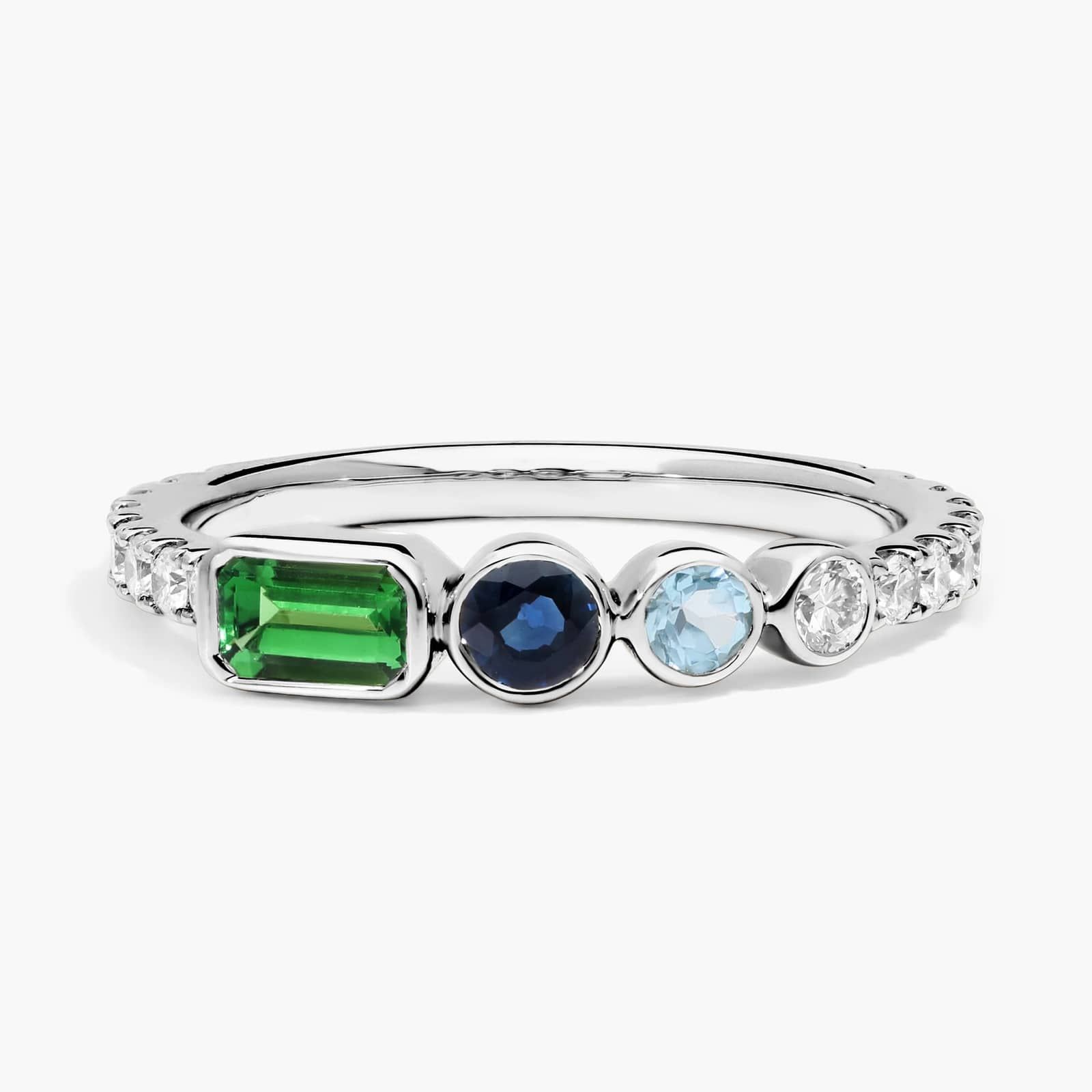 Personalized Emerald And Round Cut Three Birthstone Ring With Lab-Grown Diamonds In 14K White Gold