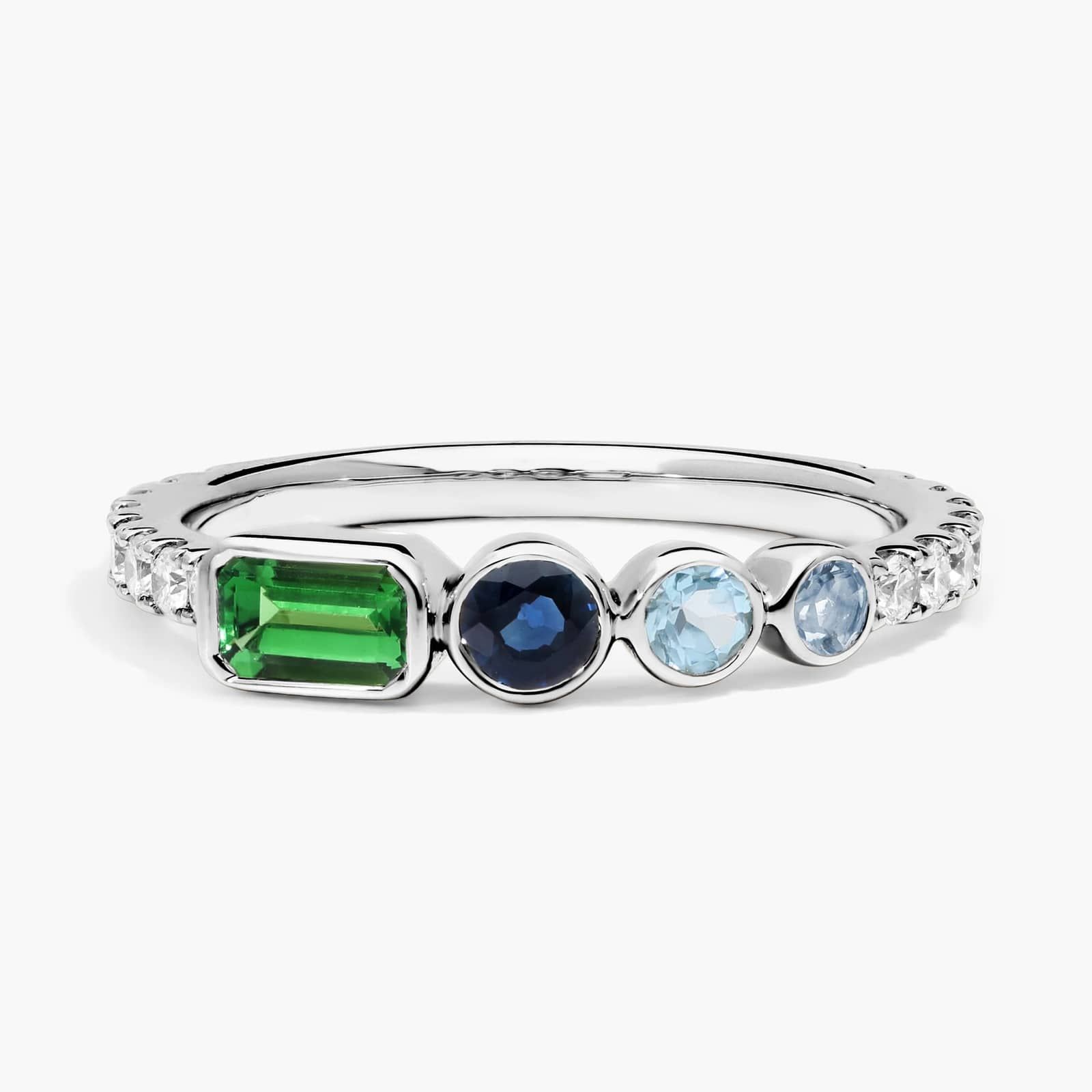 Personalized Emerald And Round Cut Four Birthstone Ring With Lab-Grown Diamonds In 14K White Gold