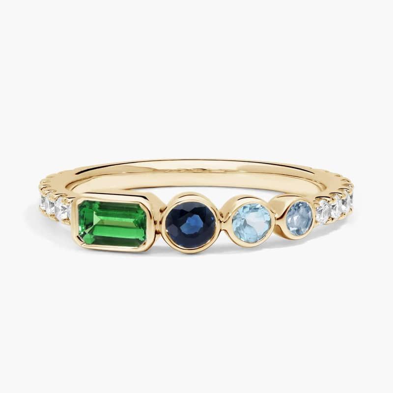 Personalized Emerald And Round Cut Four Birthstone Ring With Lab-Grown Diamonds In 14K Yellow Gold