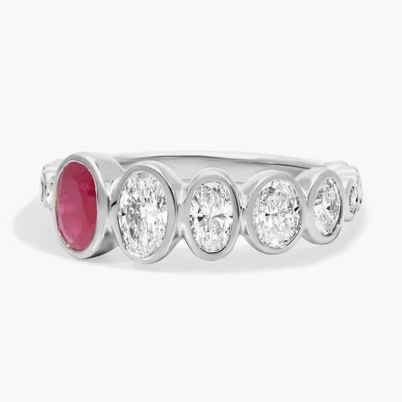 Personalized Oval Cut Single Birthstone Ring With Graduating Lab-Grown Diamonds In 14K White Gold