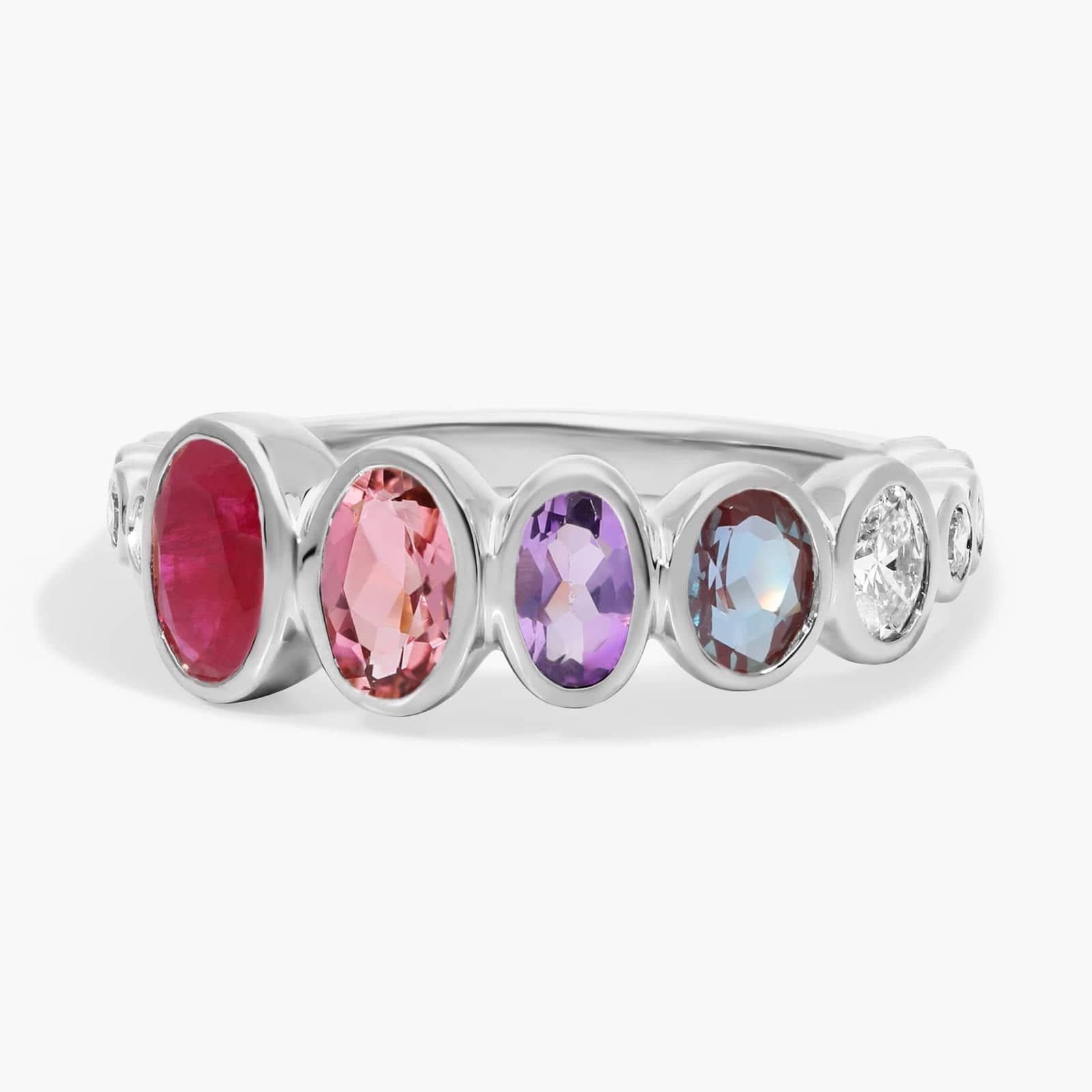 Personalized Graduating Oval Cut Four Birthstone Ring With Lab-Grown Diamonds In 14K White Gold