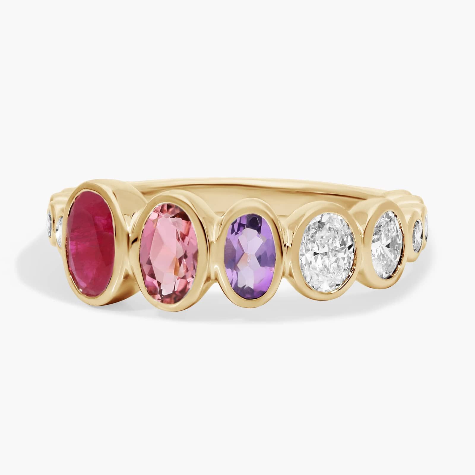 Personalized Graduating Oval Cut Three Birthstone Ring With Lab-Grown Diamonds In 14K Yellow Gold