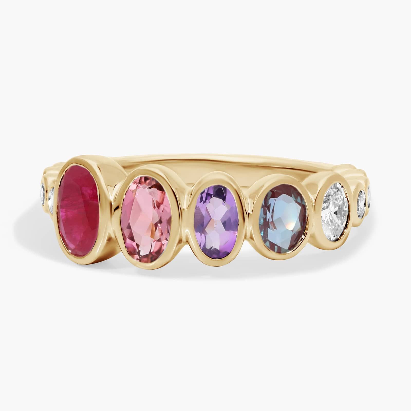 Personalized Graduating Oval Cut Four Birthstone Ring With Lab-Grown Diamonds In 14K Yellow Gold