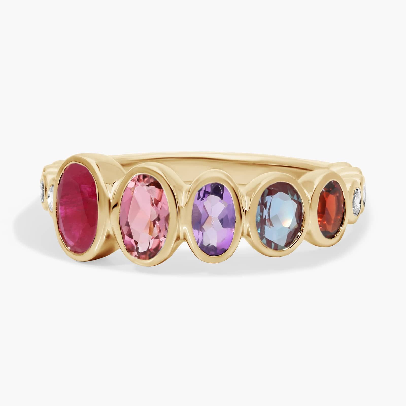 Personalized Graduating Oval Cut Five Birthstone Ring With Lab-Grown Diamonds In 14K Yellow Gold