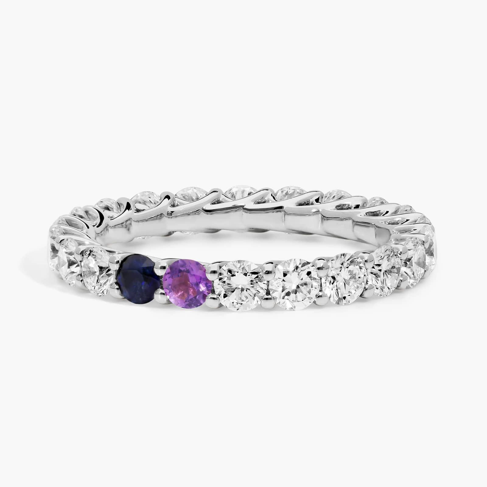 Personalized Round Cut Two Birthstone Trellis Eternity Ring With Lab-Grown Diamonds In 14K White Gold