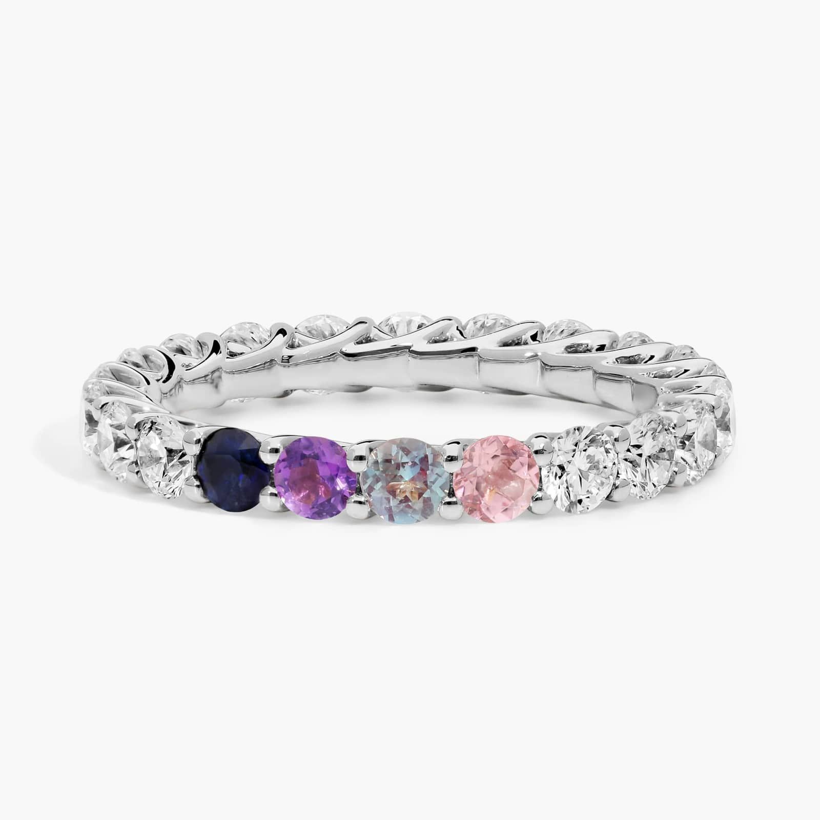 Personalized Round Cut Four Birthstone Trellis Eternity Ring With Lab-Grown Diamonds In 14K White Gold
