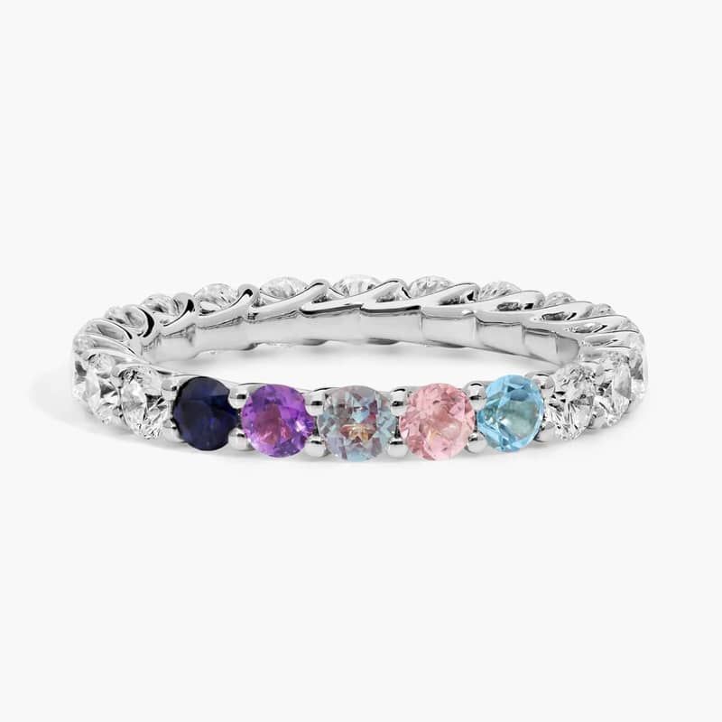Personalized Round Cut Five Birthstone Trellis Eternity Ring With Lab-Grown Diamonds In 14K White Gold