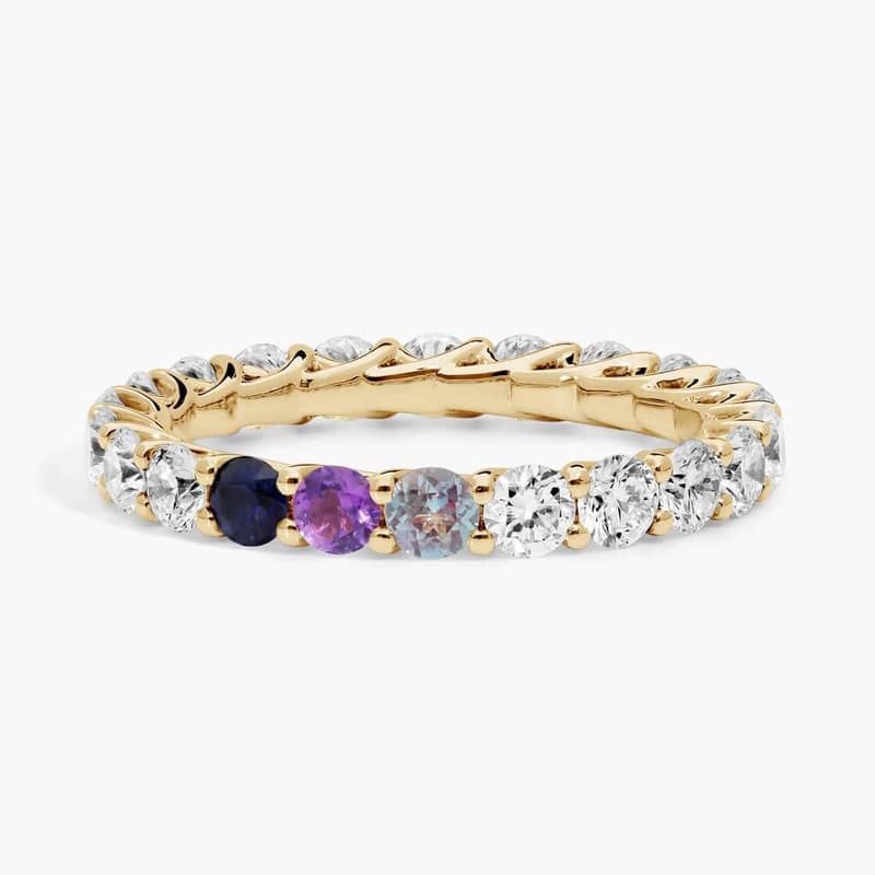 Personalized Round Cut Three Birthstone Trellis Eternity Ring With Lab-Grown Diamonds In 14K Yellow Gold