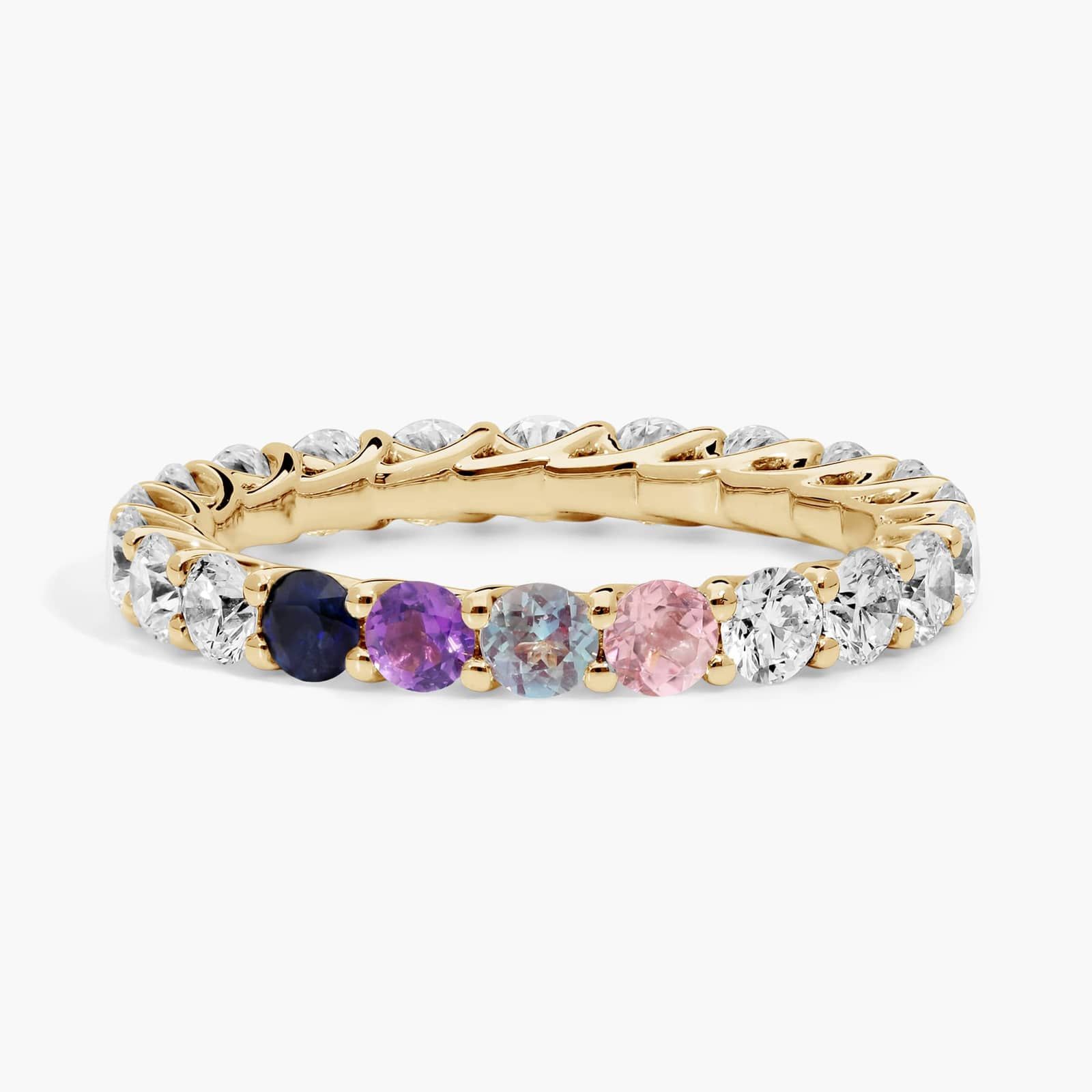 Personalized Round Cut Four Birthstone Trellis Eternity Ring With Lab-Grown Diamonds In 14K Yellow Gold