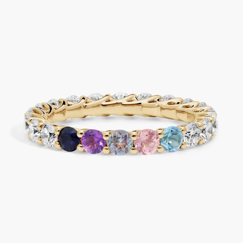Personalized Round Cut Five Birthstone Trellis Eternity Ring With Lab-Grown Diamonds In 14K Yellow Gold