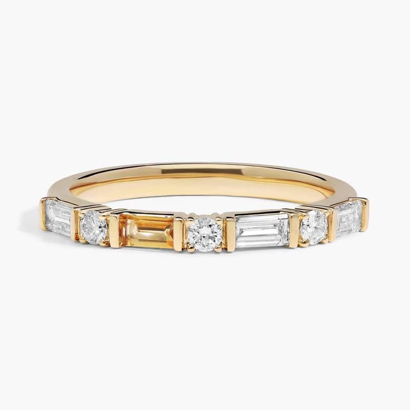 Personalized Baguette And Round Cut Single Birthstone Ring With Lab-Grown Diamonds In 14K Yellow Gold