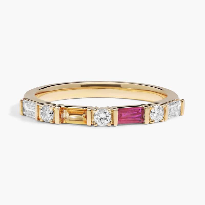 Personalized Baguette And Round Cut Two Birthstone Ring With Lab-Grown Diamonds In 14K Yellow Gold
