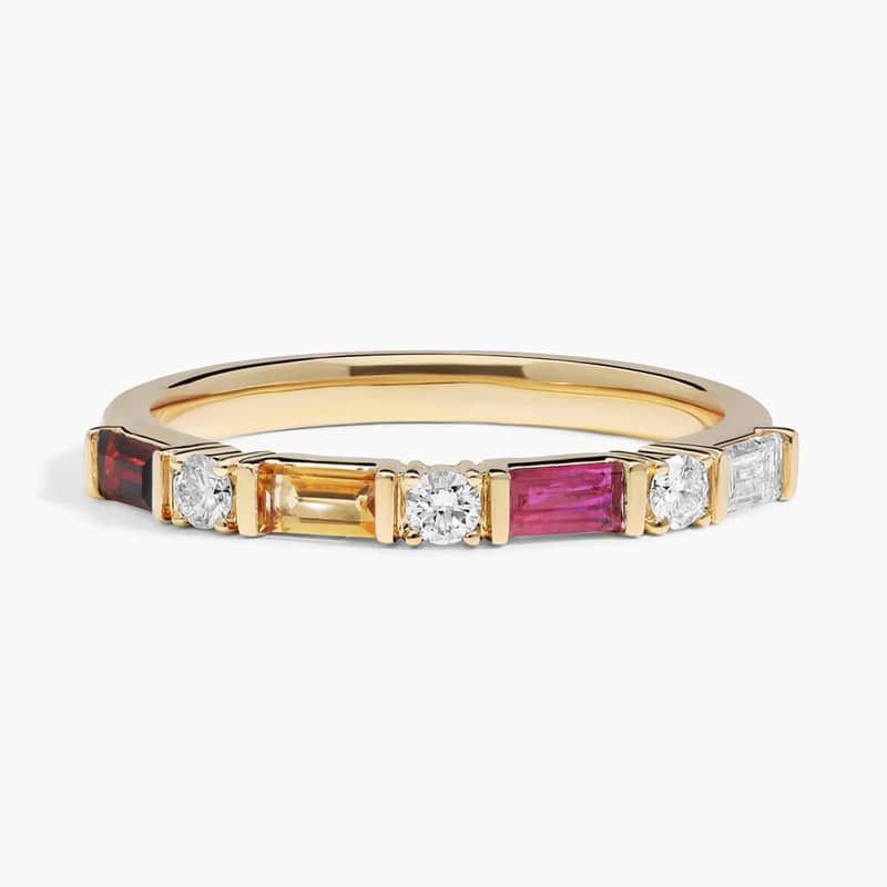 Personalized Baguette And Round Cut Three Birthstone Ring With Lab-Grown Diamonds In 14K Yellow Gold