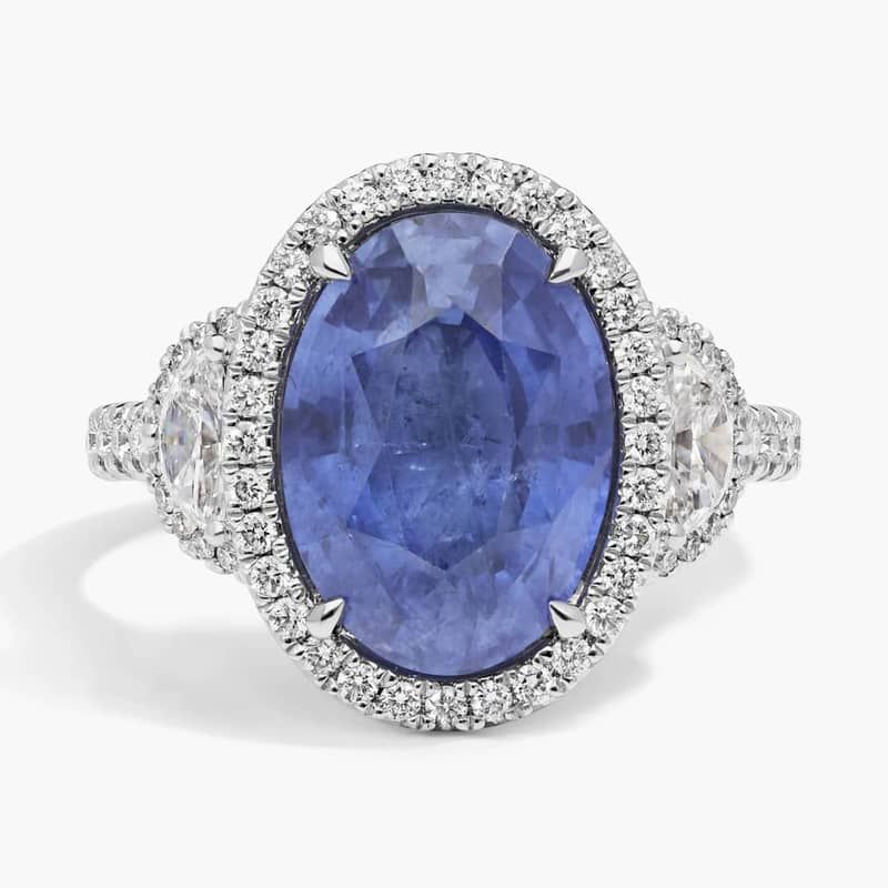 Oval Cut Sapphire & Diamond Halo Ring with 1 CTW Mixed Shape Diamonds in Platinum