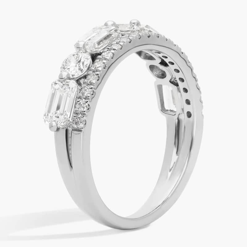 2 Row Diamond Ring with 2 CTW Emerald and Round Cut Lab-Grown Diamonds in 14K White Gold