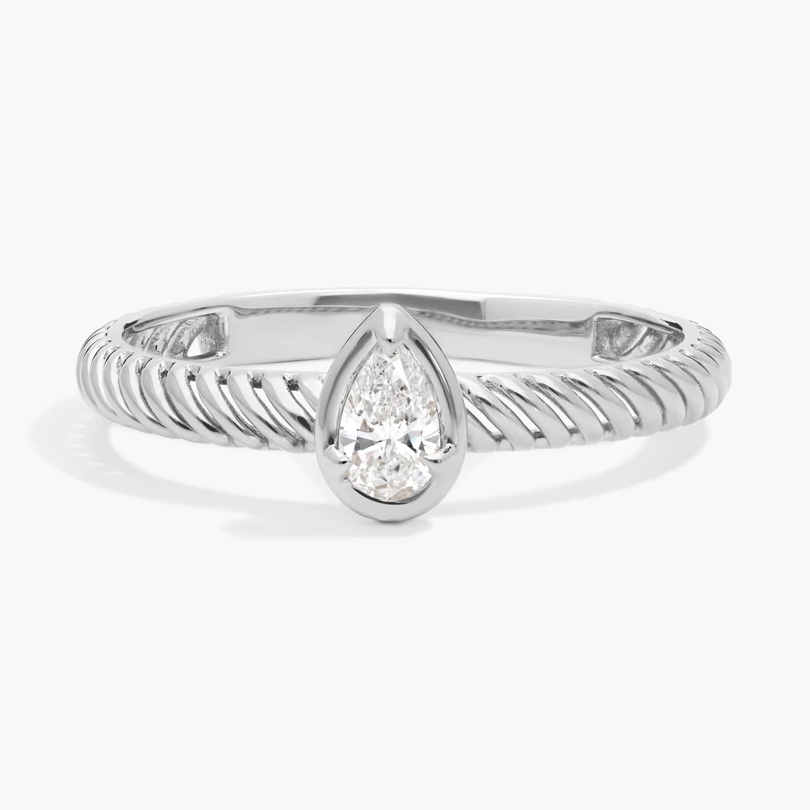 Diamond Solitaire Rope Ring with 0.2 CTW Pear Shaped Lab-Grown Diamond in 14K White Gold