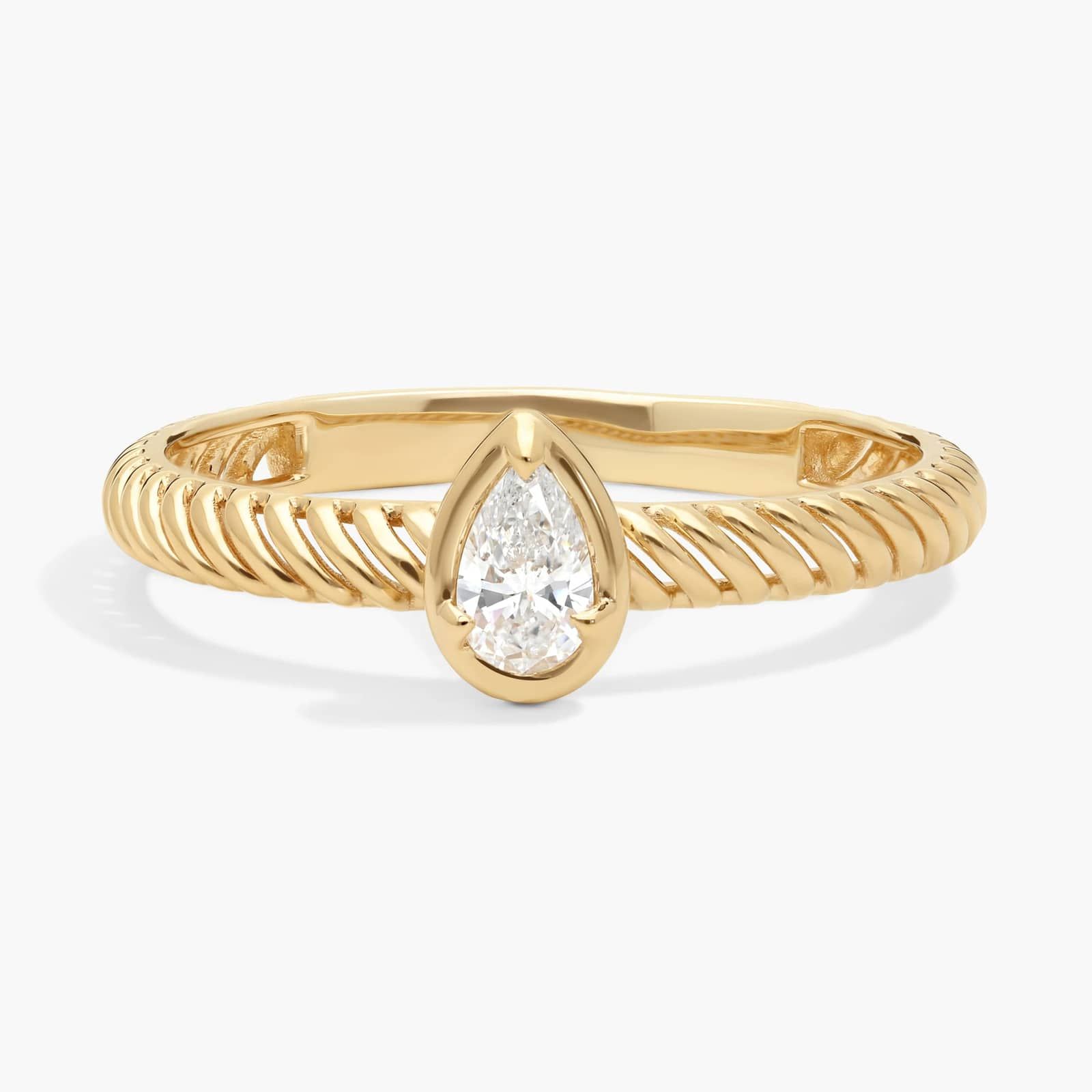 Diamond Solitaire Rope Ring with 0.2 CTW Pear Shaped Lab-Grown Diamonds in 14K Yellow Gold