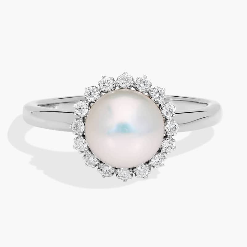 Pearl and Diamond Halo Fashion Ring in 14K White Gold
