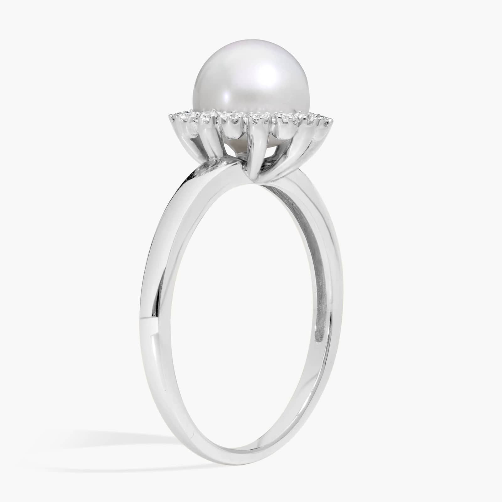 Pearl and Diamond Halo Fashion Ring in 14K White Gold