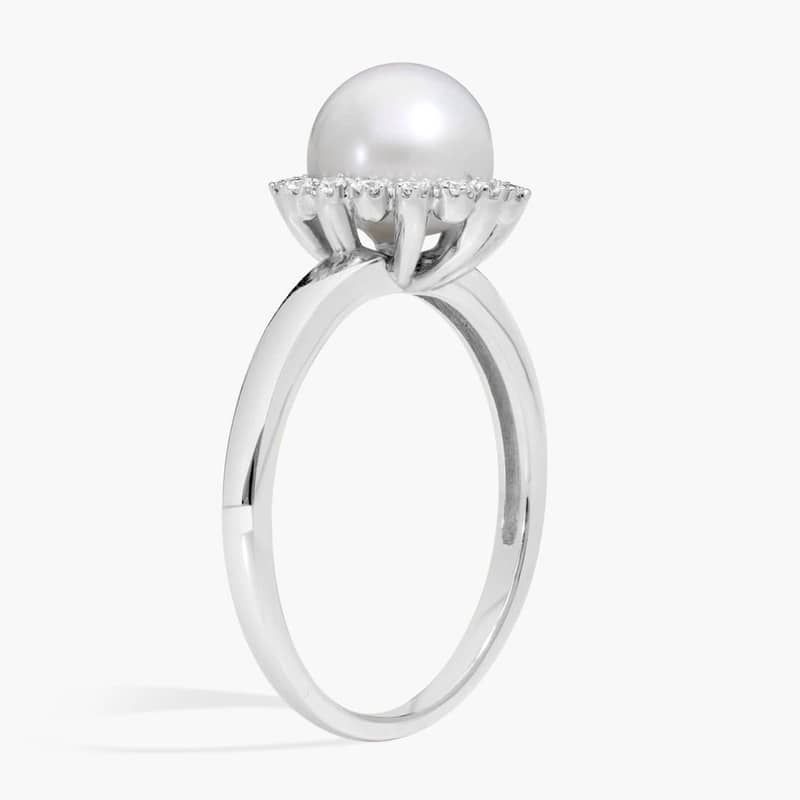 Pearl and Diamond Halo Fashion Ring in 14K White Gold