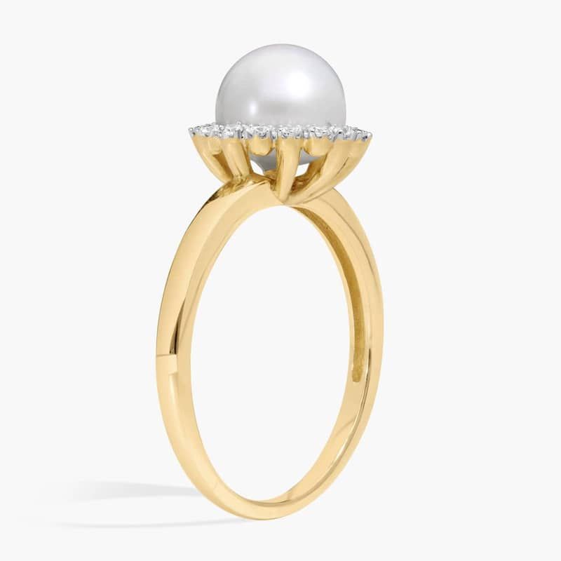 Pearl and Diamond Halo Fashion Ring in 14K Yellow Gold