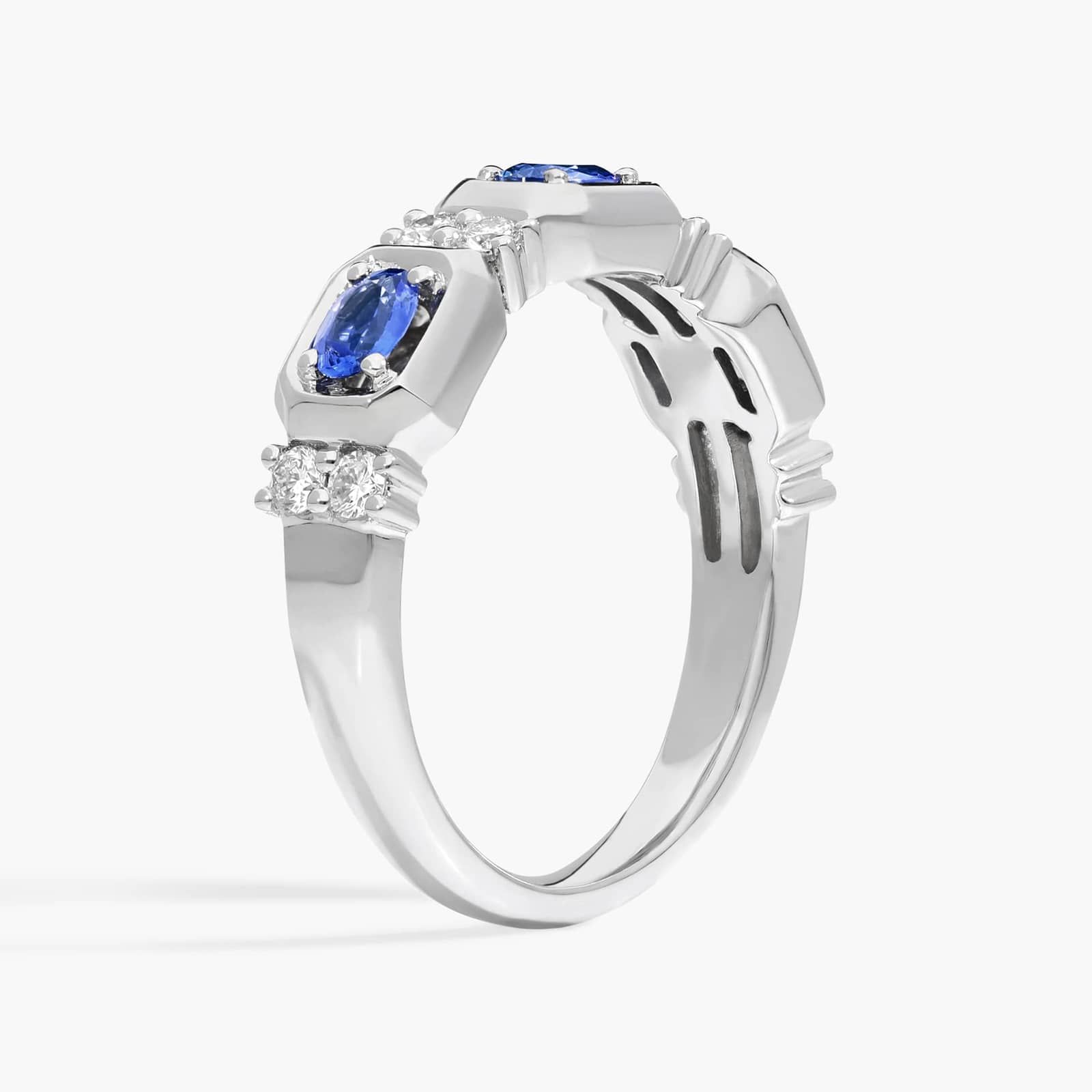 East-West Oval Cut Blue Sapphire Ring With Diamond Accent In 14K White Gold
