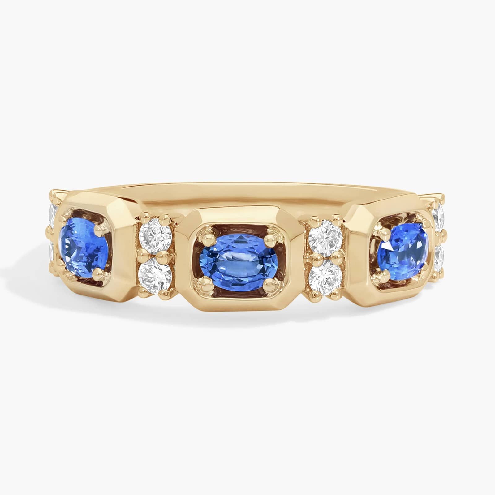 East-West Oval Cut Blue Sapphire Ring With Diamond Accent In 14K Yellow Gold