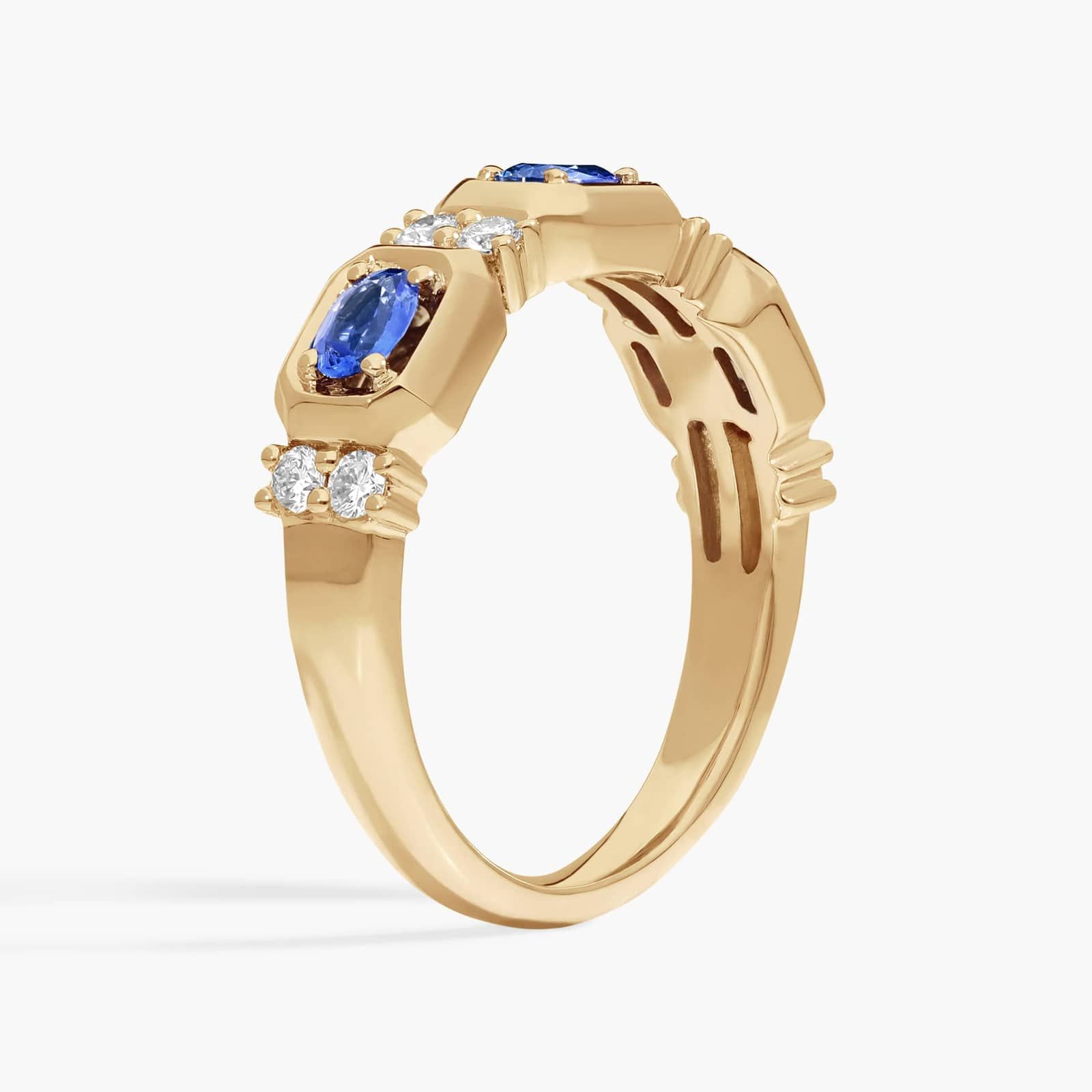 East-West Oval Cut Blue Sapphire Ring With Diamond Accent In 14K Yellow Gold