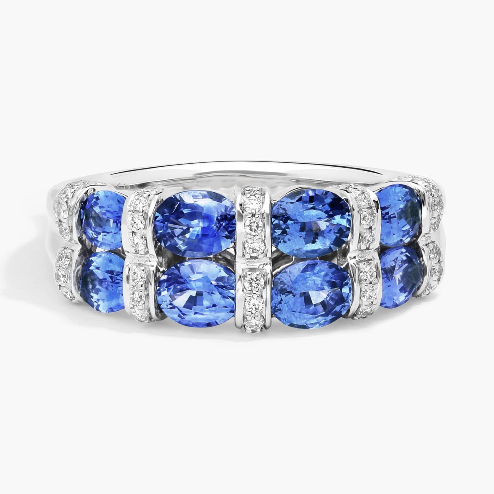 East-West Double Row Oval Cut Blue Sapphire and Pavé Diamond Ring In 14K White Gold (7.55mm)