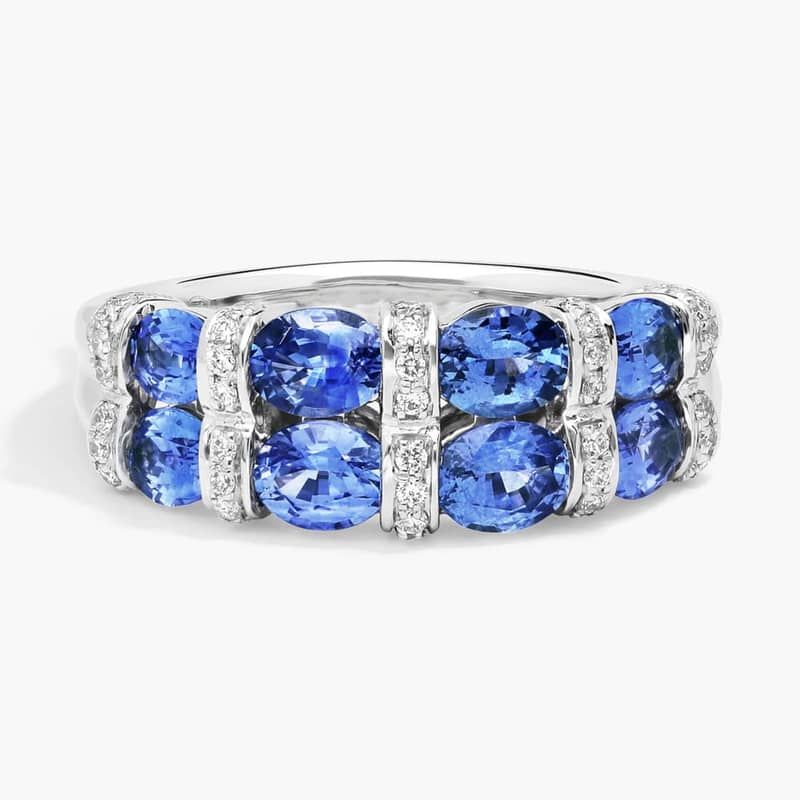 East-West Double Row Oval Cut Blue Sapphire and Pavé Diamond Ring In 14K White Gold (7.55mm)