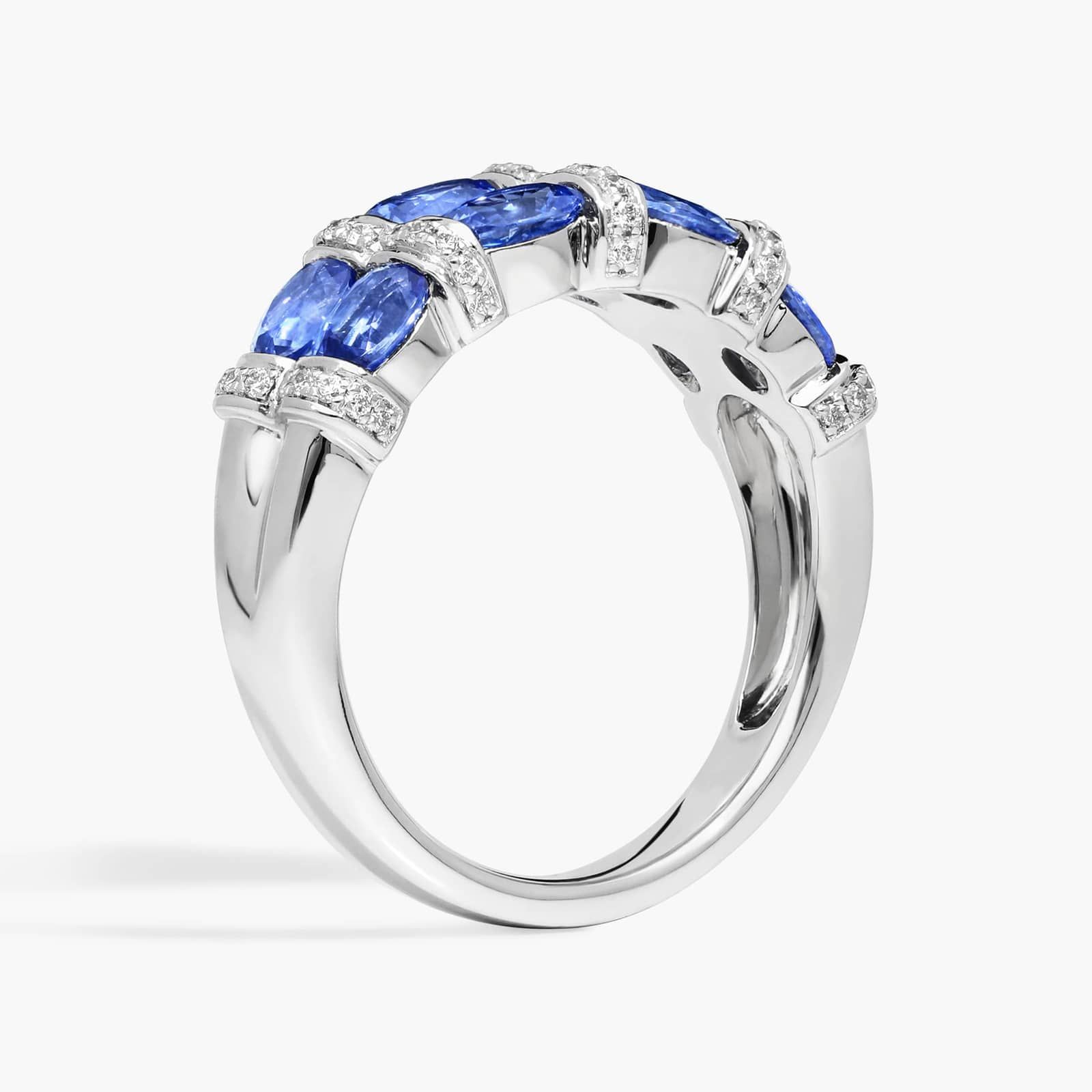 East-West Double Row Oval Cut Blue Sapphire and Pavé Diamond Ring In 14K White Gold (7.55mm)