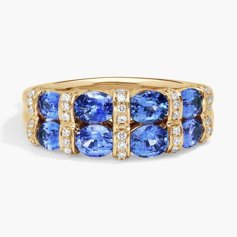 East-West Double Row Oval Cut Blue Sapphire and Pavé Diamond Ring In 14K Yellow Gold (7.55mm)